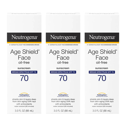 Loción solar facial Neutrogena Age Shield FPS 70, sin aceite, no comedogénica, hidratante, sin PABA, 3 oz (paquete de 3). Skinluminova