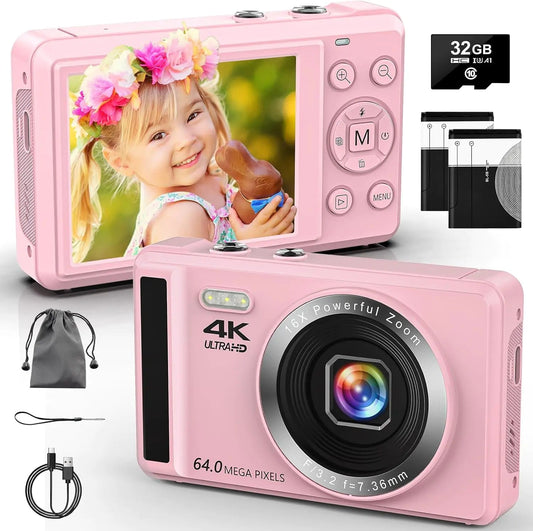 Cámara digital 4K 64MP | Compacta y portátil | Autoenfoque, 16X zoom | Incluye tarjeta 32 GB y 2 baterías | Ideal para niños y principiantes. Skinluminova