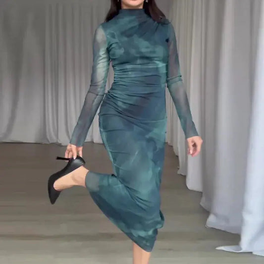 Vestido ajustado de manga larga de red de seda estampada Skinluminova