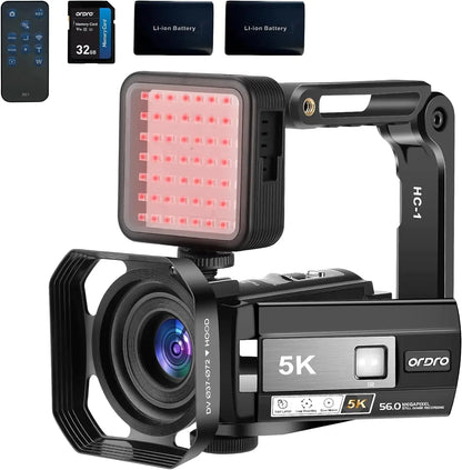 Videocámara ORDRO 5K con visión nocturna, 30 MP, 24 FPS, para vlogs, pantalla táctil IPS de 3.0", luz infrarroja, control remoto, soporte de mano, tarjeta de memoria de 32 GB Skinluminova