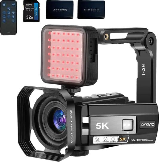 Videocámara ORDRO 5K con visión nocturna, 30 MP, 24 FPS, para vlogs, pantalla táctil IPS de 3.0", luz infrarroja, control remoto, soporte de mano, tarjeta de memoria de 32 GB Skinluminova