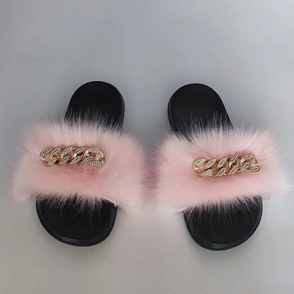 Chanclas de piel de zorro sintética de peluche, pantuflas de moda Skinluminova