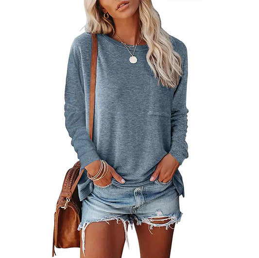Camiseta Casual de Manga Larga con Bolsillo Dividido Skinluminova