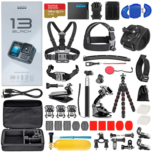GoPro HERO13 Negra, cámara de acción 5.3K, 27 MP, impermeable, transmisión en vivo, cámara web, estabilizador, lector de 128 GB y kit de 50 accesorios. Skinluminova
