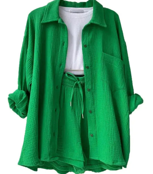 Conjunto de camisa y pantalones cortos de tela arrugada para mujer Skinluminova
