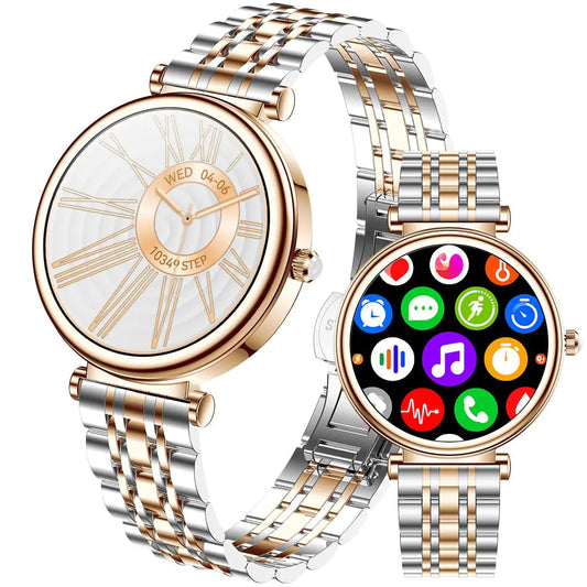 Smartwatch mujer RT-i109 | 1.27" color | Acero oro rosa | Resistente al agua | Ritmo cardíaco, sueño y fitness | Android/iOS. Skinluminova