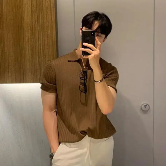 Camisa Polo de solapa para hombre, camiseta informal de manga corta con textura de verano, Color sólido, estilo coreano, prendas de punto de marca a la moda Skinluminova