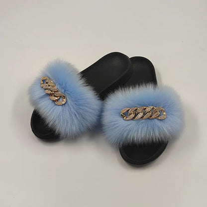Chanclas de piel de zorro sintética de peluche, pantuflas de moda Skinluminova