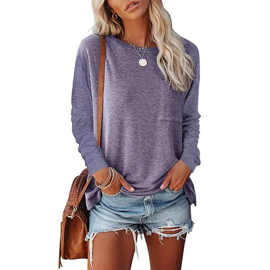 Camiseta Casual de Manga Larga con Bolsillo Dividido Skinluminova