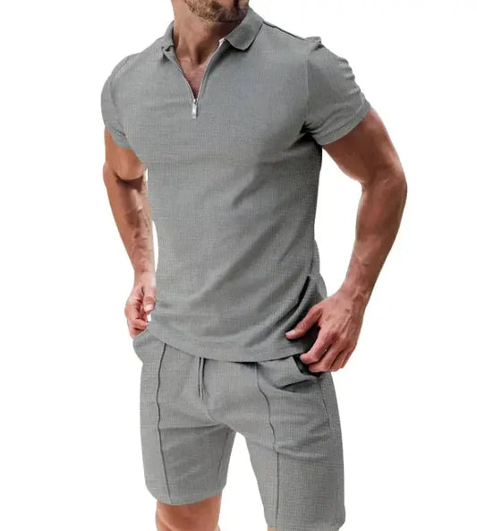 Conjunto de 2 piezas de polo con cremallera tipo gofre y pantalones cortos con cordón para hombre Skinluminova