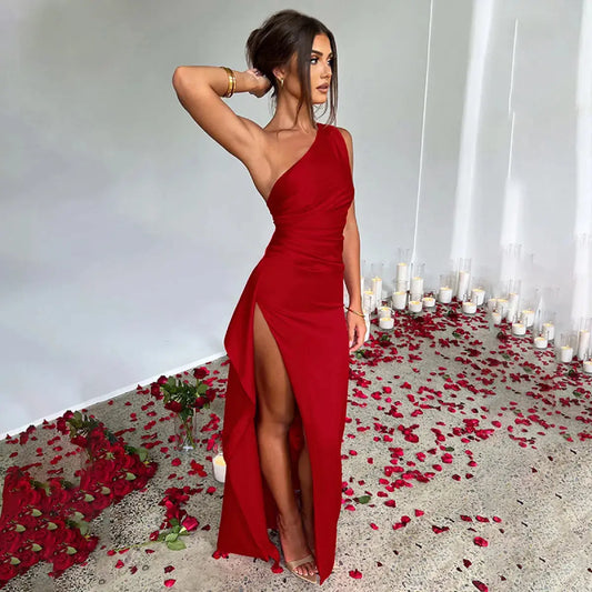 Vestido elegante con abertura de satén, espalda descubierta y un solo hombro Skinluminova