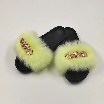 Chanclas de piel de zorro sintética de peluche, pantuflas de moda Skinluminova