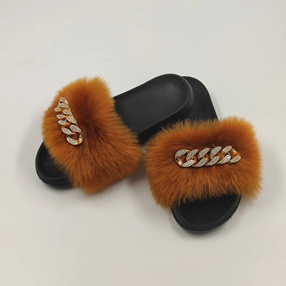 Chanclas de piel de zorro sintética de peluche, pantuflas de moda Skinluminova