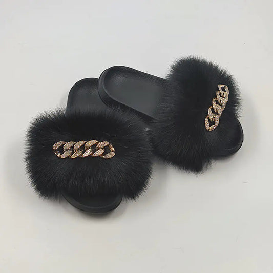 Chanclas de piel de zorro sintética de peluche, pantuflas de moda Skinluminova