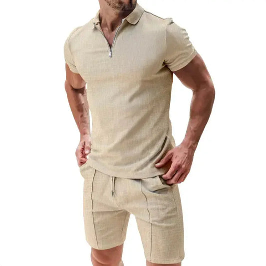 Conjunto de 2 piezas de polo con cremallera tipo gofre y pantalones cortos con cordón para hombre Skinluminova