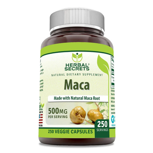 Herbal Secrets Maca 500 mg 250 cápsulas vegetales | Sin OMG | Sin gluten | Hecho en EE. UU. | Apto para vegetarianos Skinluminova