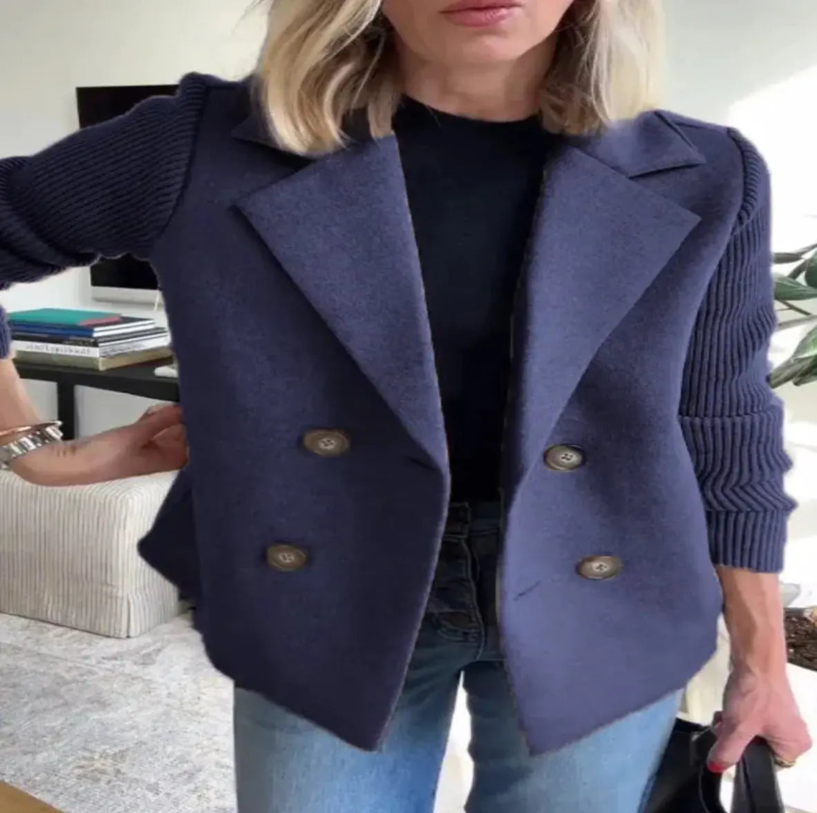 Abrigo cruzado con solapa y mangas de punto para mujer - Skinluminova
