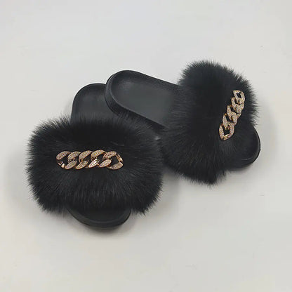Chanclas de piel de zorro sintética de peluche, pantuflas de moda Skinluminova