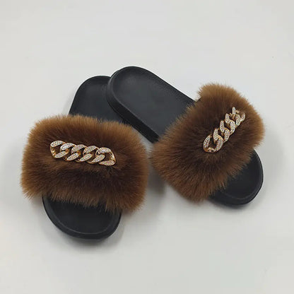 Chanclas de piel de zorro sintética de peluche, pantuflas de moda Skinluminova