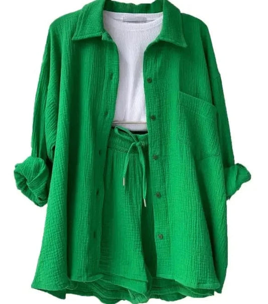 Forest Green Conjunto de camisa y pantalones cortos de tela arrugada para mujer