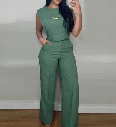 Dark Gray Traje informal de mujer con top corto y pantalón recto
