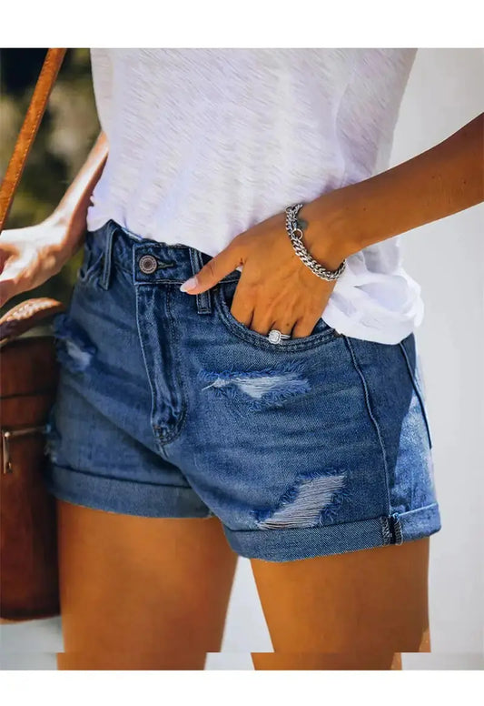 Shorts vaqueros elásticos de cintura media para mujer con rotos Skinluminova