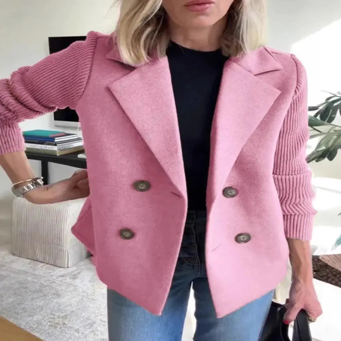 Abrigo cruzado con solapa y mangas de punto para mujer - Skinluminova