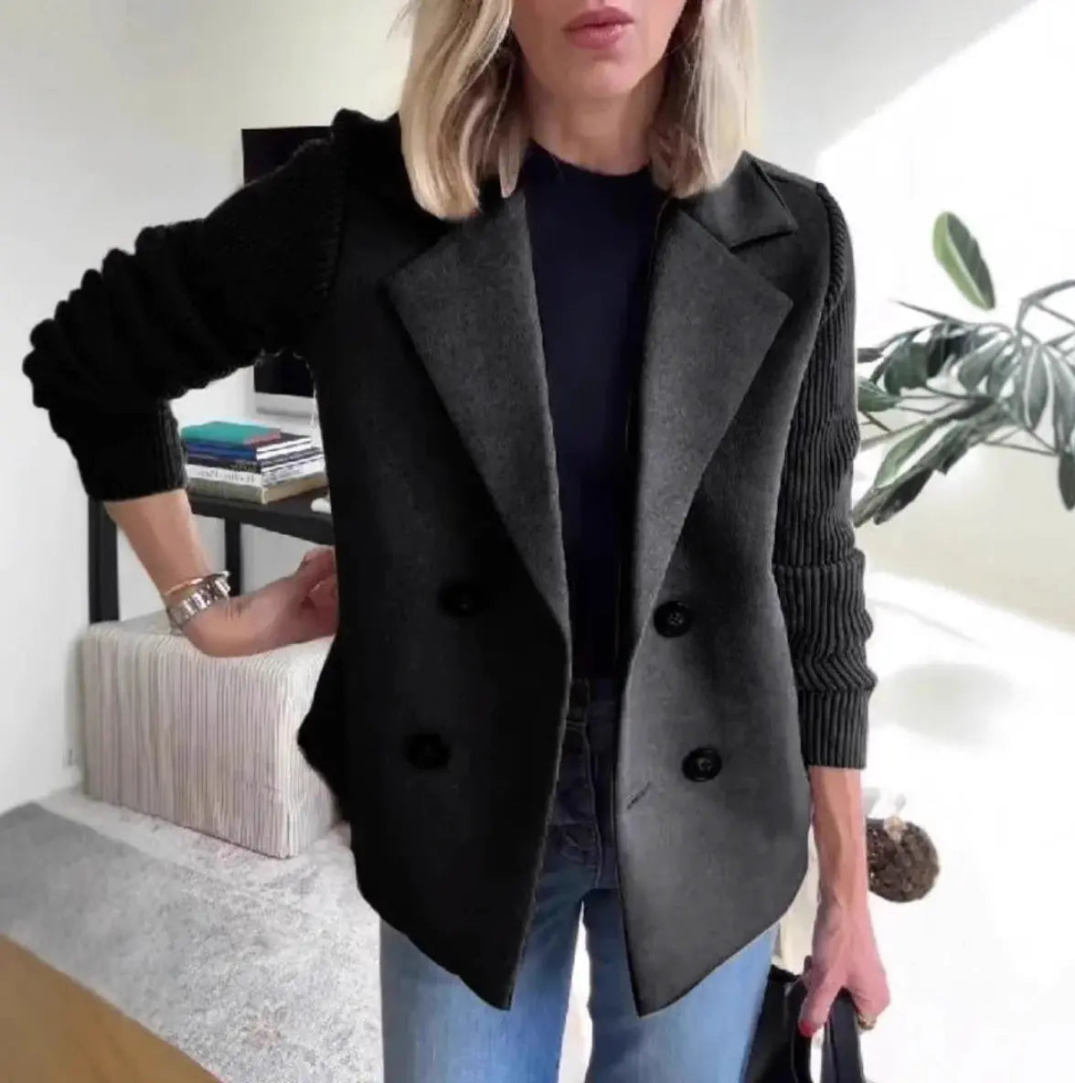 Abrigo cruzado con solapa y mangas de punto para mujer - Skinluminova