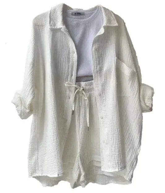 Conjunto de camisa y pantalones cortos de tela arrugada para mujer Skinluminova