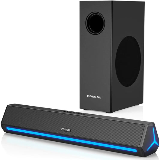Barra de sonido para TV Passau, estéreo HiFi de 2.1 canales, pequeña barra de sonido con graves profundos, conexión Bluetooth/AUX/HDMI(ARC) para TV, escritorio, monitor, PC, teléfonos, tabletas. - Skinluminova