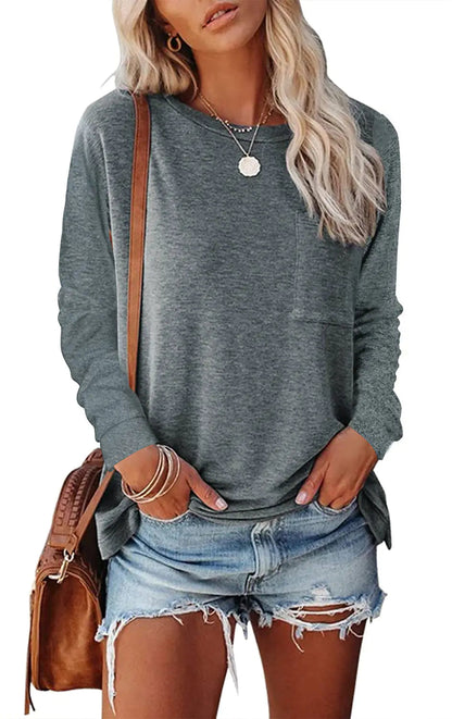 Camiseta Casual de Manga Larga con Bolsillo Dividido Skinluminova