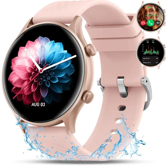 Reloj inteligente para mujer, 1.4", llamadas, monitor de actividad y frecuencia cardíaca, resistente al agua, compatible con iPhone y Android, color rosa. Skinluminova